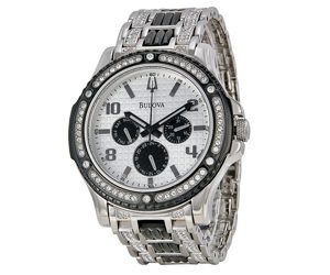 bulova-watch Norman Hege Jewelers | Diamond encrusted Bulova watch in a silver setting against a white background