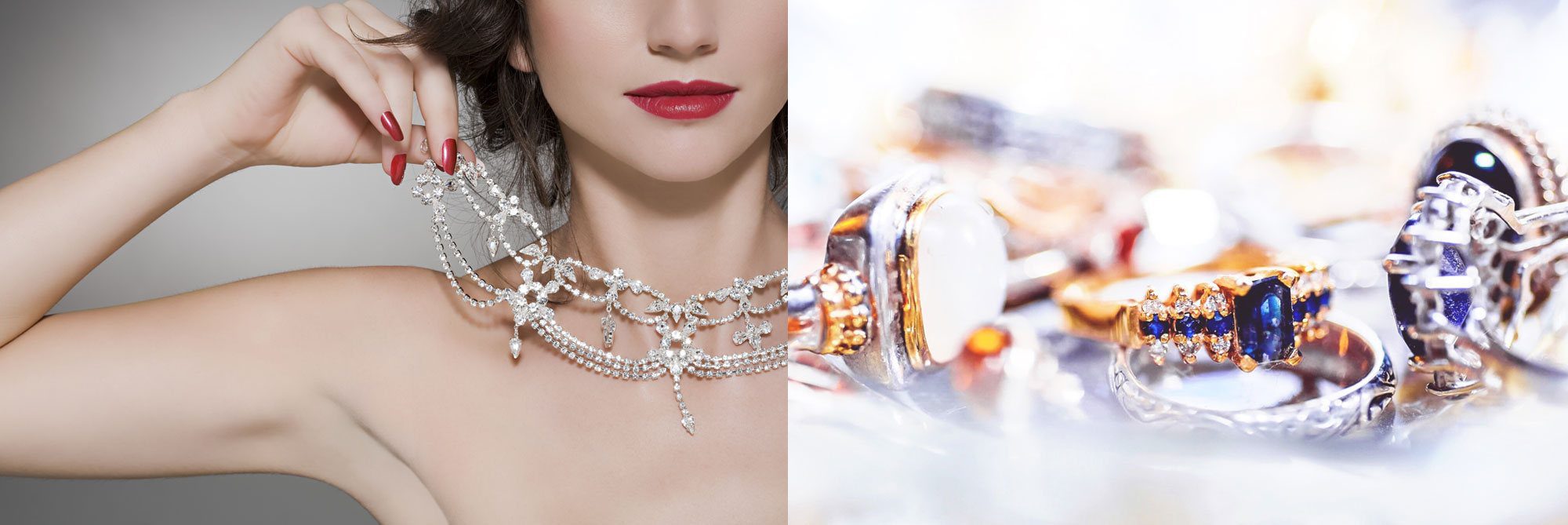 Norman-Hege-Jewelers-diamond-necklace Norman Hege Jewelers | Woman with bright red lipstick and bright red nails holding a diamond necklace over her alongside various rings with gemstones in different settings of gold and silver